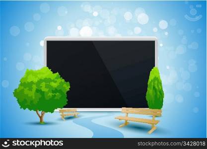 Blue Background with Trees and Tablet Computer