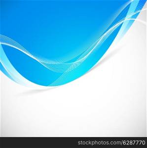 Blue background with wavy soft white lines. Vector illustration