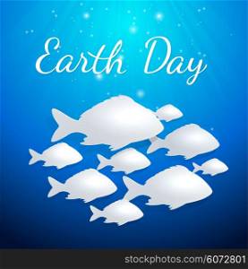 Blue background with white fishes for Earth Day. Vector illustration.