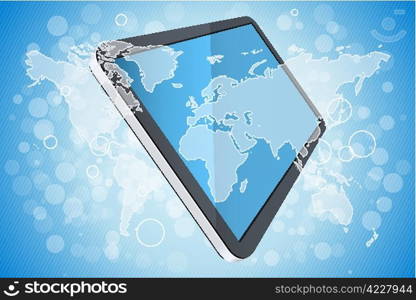 Blue Background with World Map and Tablet Computer