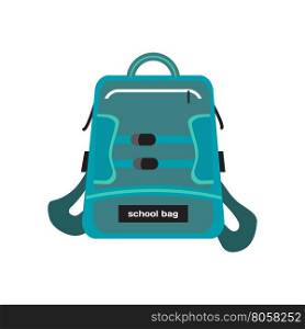 Blue bag school backpack isolated on white background. Flat cartoon modern vector illustration