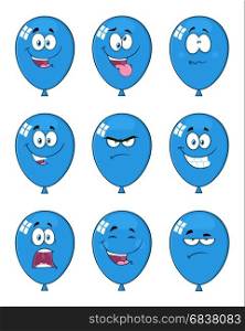 Blue Balloons Cartoon Mascot Character With Expressions. Collection Set Isolated On White Background