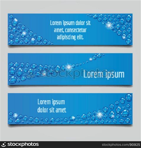 Blue banner set with water drops. Banner vector illustration with water drops in blue colors