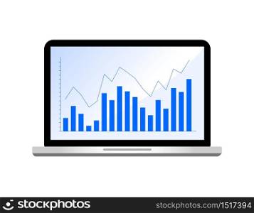Blue bar graph in laptop monitor, flat design. Vector illustration isolated on white background.