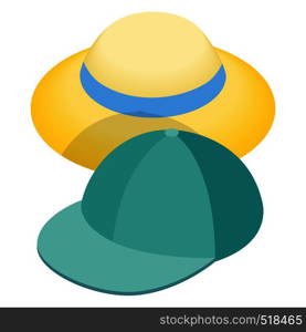 Blue baseball cap and straw hat icon in isometric 3d style on a white background. Blue baseball cap and straw hat icon