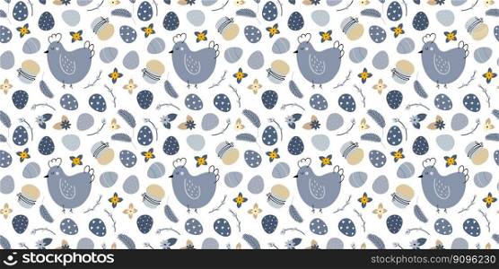 Blue Beige Retro brown Easter spring seamless background with willow twigs and Easter eggs and chickens for holiday design. Blue Beige Easter spring seamless pattern with willow twigs and Easter eggs