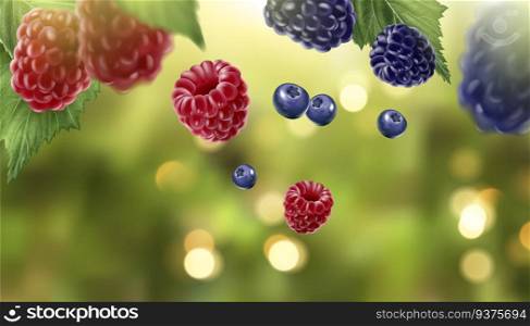 Blue berry and raspberry fruits on glittering green bokeh background in 3d illustration. Blue berry and raspberry elements