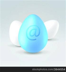 Blue big egg with &rsquo;at&rsquo; character engraved on it among white usual eggs as a symbol of new social net user