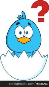 Blue Bird Cartoon Character Hatching From An Egg With Question Mark