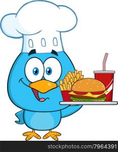 Blue Bird Chef Cartoon Character Holding A Platter With Burger, French Fries And A Soda