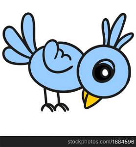 blue bird is pecking. vector illustration of cartoon doodle sticker draw