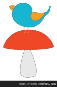 Blue bird on mushroom, illustration, vector on white background.