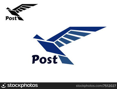 Blue bird silhouette with long wings isolated on white background. For postal or transportation theme. Blue postal bird abstract symbol