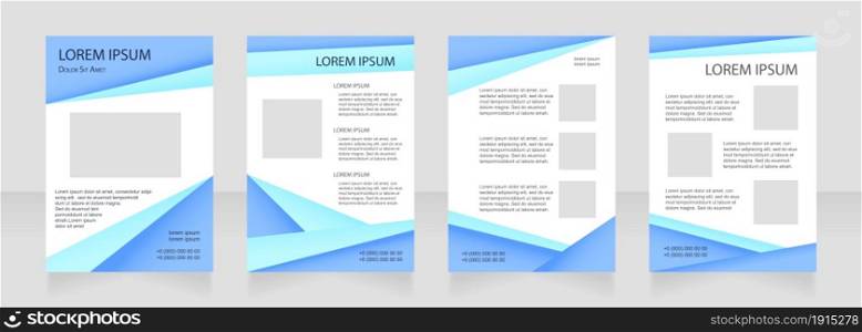 Blue blank brochure layout design. Real estate agency info. Vertical poster template set with empty copy space for text. Premade corporate reports collection. Editable flyer paper pages. Blue blank brochure layout design