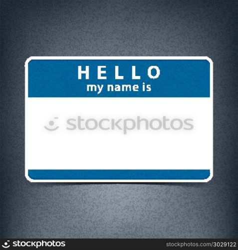 Blue blank tag sticker HELLO my name is. Blue blank name tag sticker HELLO my name is. Rounded rectangular badge with gray drop shadow on dark black background. Vector illustration clip-art element for design in 10 eps
