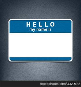Blue blank tag sticker HELLO my name is. Blue blank name tag sticker HELLO my name is. Rounded rectangular badge with gray drop shadow on dark black background. Vector illustration clip-art element for design in 10 eps