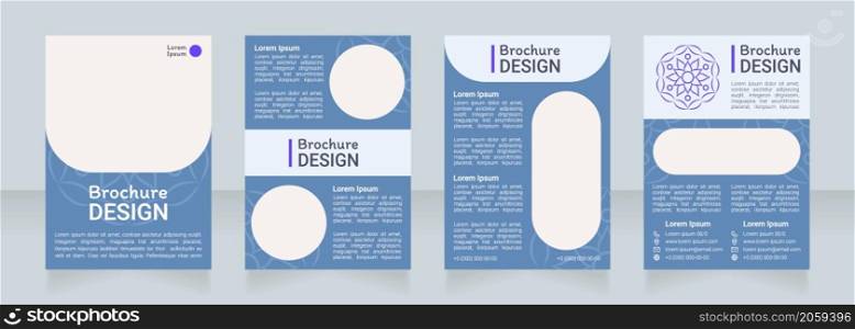 Blue boho ornamental blank brochure design. Template set with copy space for text. Premade corporate reports collection. Editable 4 paper pages. Roboto Light, Medium, Itim Regular fonts used. Blue boho ornamental blank brochure design