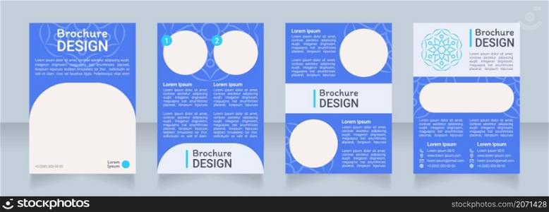 Blue boho ornamental blank brochure design. Template set with copy space for text. Premade corporate reports collection. Editable 4 paper pages. Roboto Light, Medium, Itim Regular fonts used. Blue boho ornamental blank brochure design
