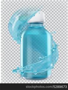 Blue bottle and water splash. 3d realism, vector icon
