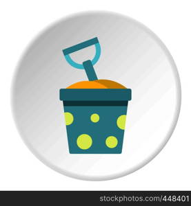 Blue bucket of sand and shovel icon in flat circle isolated vector illustration for web. Blue bucket of sand and shovel icon circle