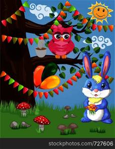 Blue bunny with a bouquet on a forest glade. Spring, love, postcard. Blue bunny with a bouquet on a forest glade. Spring,