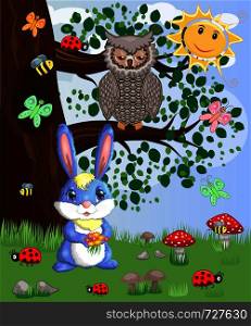 Blue bunny with a bouquet on a forest glade. Spring, love, postcard. Blue bunny with a bouquet on a forest glade. Spring,