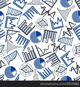 Blue business charts and financial graphs seamless pattern over white background with pie and radar charts, bar and line graphs, histograms and diagrams. Use as presentation or infographics backdrop design. Seamless business charts, financial graphs pattern