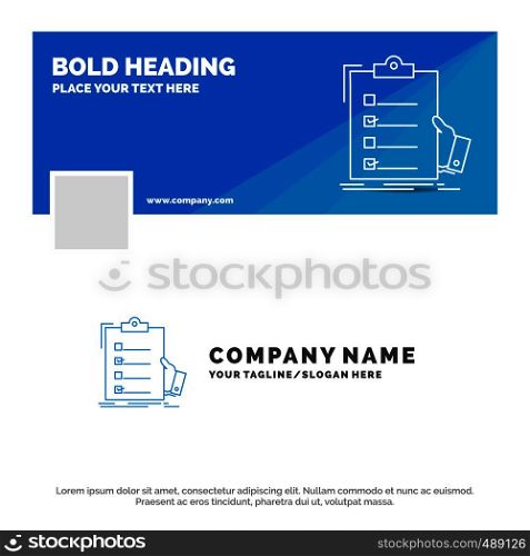 Blue Business Logo Template for checklist, check, expertise, list, clipboard. Facebook Timeline Banner Design. vector web banner background illustration. Vector EPS10 Abstract Template background