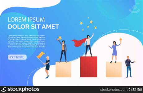 Blue business presentation illustration. People standing on podium, people supporting them. Business result concept.Vector illustration can be used for topics like presentation, business, competition. Blue business presentation illustration