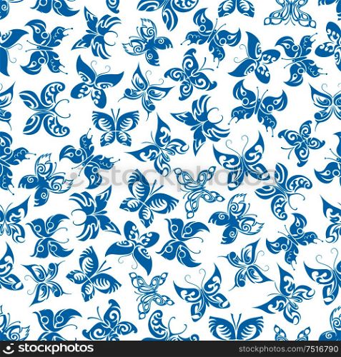 Blue butterflies seamless pattern of flying fragile insects with ornamental wings and curly antennae on white background. Nature background, fabric print or wallpaper themes design . Flying blue butterflies seamless pattern