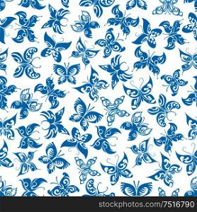 Blue butterflies seamless pattern of flying fragile insects with ornamental wings and curly antennae on white background. Nature background, fabric print or wallpaper themes design . Flying blue butterflies seamless pattern