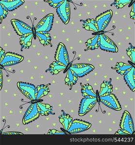 Blue butterflies seamless pattern on fashion grey color. Hand drawn butterfly vector illustration for fabric, wrapping or packaging and other beauty design. Blue butterflies seamless pattern on fashion grey color. Hand drawn butterfly vector illustration for fabric, wrapping or packaging and other beauty design.