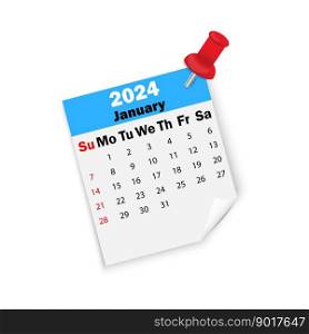 Blue calendar 2024 January on pin. Vector illustration. EPS 10.. Blue calendar 2024 January on pin. Vector illustration.