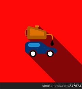 Blue car and oiler icon in flat style on a red background. Blue car and oiler icon, flat style