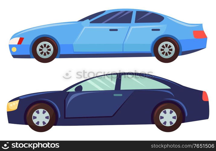 Blue car isolated on white background. Sedan with dark toned glasses. Auto to drive and get your destination quickly. Wheeled motor vehicle used for transportation. Vector illustration in flat style. Car Isolated on White Background, Sedan Vehicle