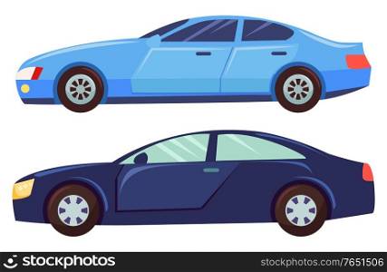 Blue car isolated on white background. Sedan with dark toned glasses. Auto to drive and get your destination quickly. Wheeled motor vehicle used for transportation. Vector illustration in flat style. Car Isolated on White Background, Sedan Vehicle