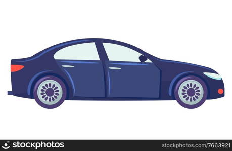 Blue car isolated on white background. Sedan with glasses. Auto to drive and get your destination quickly. Wheeled motor vehicle used for transportation. Vector illustration in flat style. Car Isolated on White Background, Sedan Vehicle