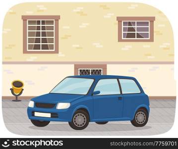 Blue car on city street near the building with brick wall and windows. Automobile front view flat style. Vehicle with tinted windows. Convenient mean of transportation, modern minicar in cityscape. Blue car on city street near the building with brick wall and windows. Modern minicar in cityscape