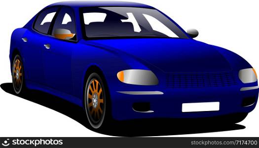 Blue car sedan on the road. Colored Vector illustration.