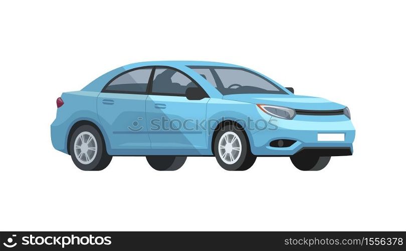Blue car semi flat RGB color vector illustration. Skyblue beautiful, shiny automobile. Urban means of transport. Vehicle front, side view. Isolated cartoon character on white background. Blue car semi flat RGB color vector illustration