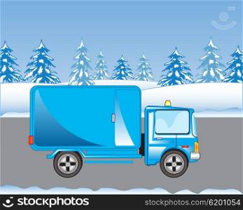 Blue car with box on road in winter. Car on road in winter