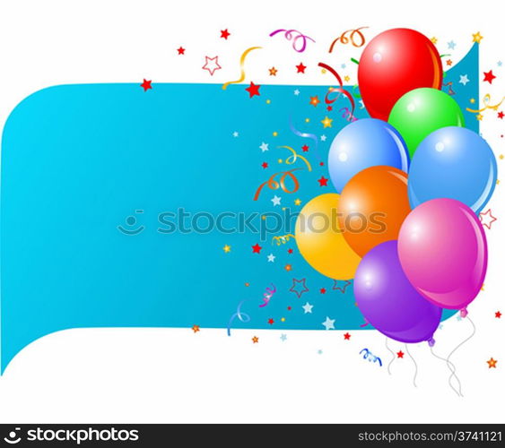 Blue card with colorful balloons and confetti.