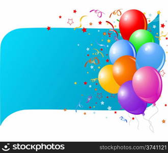 Blue card with colorful balloons and confetti.