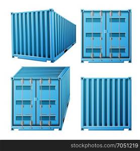 Blue Cargo Container Vector. Realistic 3D Metal Classic Cargo Container. Freight Shipping Concept. Transportation Mock Up. Isolated On White Illustration. 3D Cargo Container Vector. Classic Cargo Container. Freight Shipping Concept. Logistics, Transportation Mock Up. Isolated On White Background Illustration