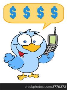 Blue Cartoon Bird With Cell Phone And Speech Bubble