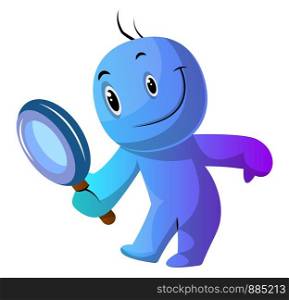 Blue cartoon caracter holding magnifying glass illustration vector on white background