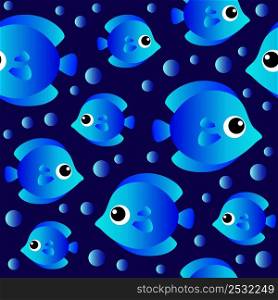 Blue cartoon fish on bright blue background seamless pattern. Vector illustration.
