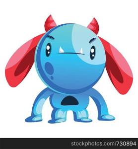 Blue cartoon monster with red ears and horns white background vector illustration.