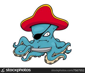Blue cartoon octopus pirate character wearing red hat and eye patch holding sword. Blue Octopus Pirate Graphic