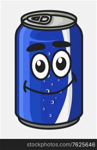 Blue cartoon soda or soft drink can cute character with bubbles isolated on white for beverage design